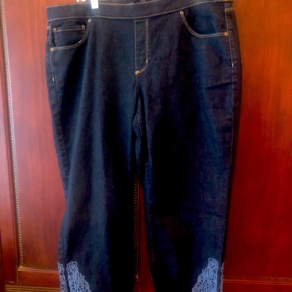 Susan Graver stretch crop jean with embroidered detail and frayed hem